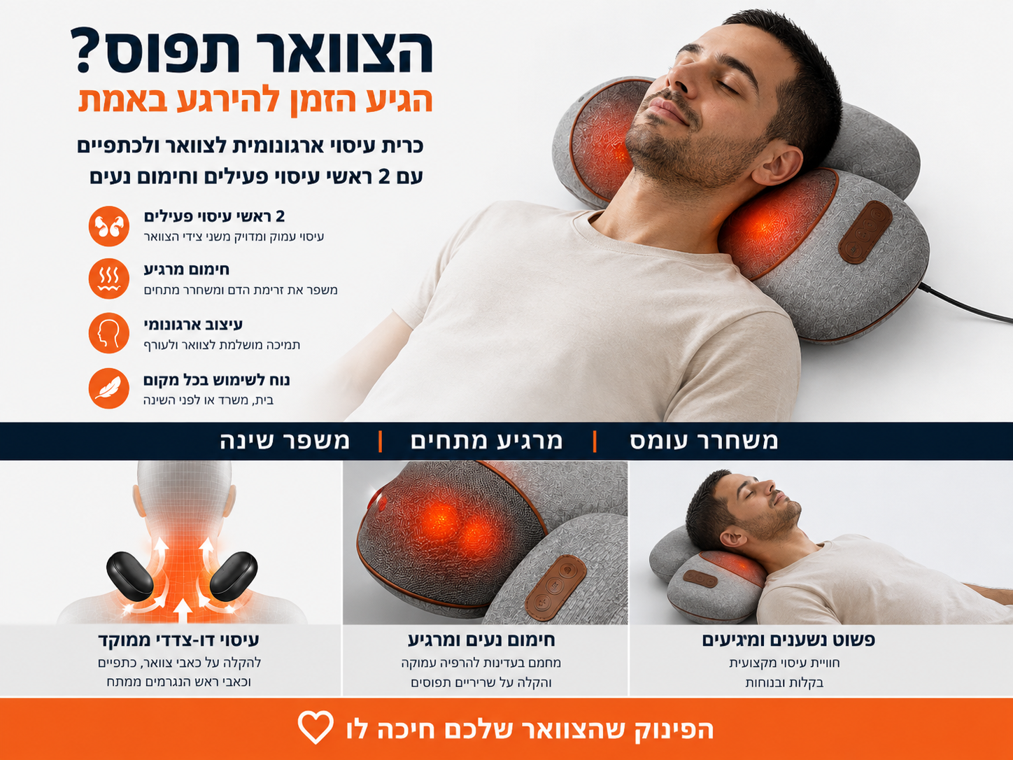 כרית עיסוי לצוואר ולכתפיים עם רטט, ניפוח וחימום