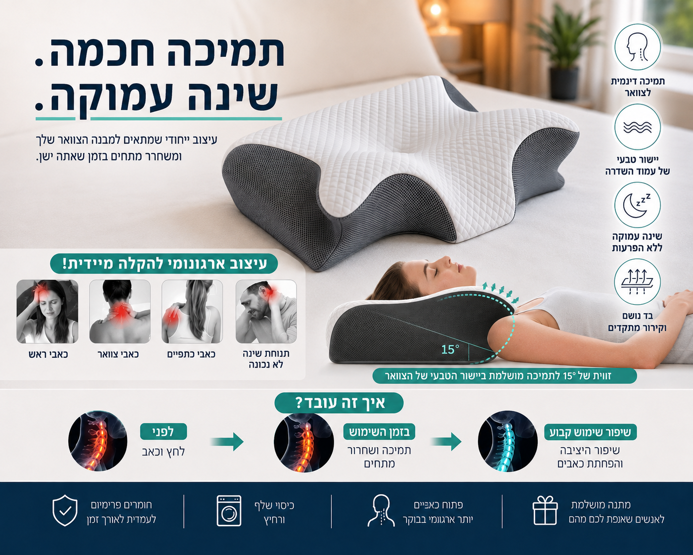 כרית שינה ארגונומית לתמיכה בצוואר